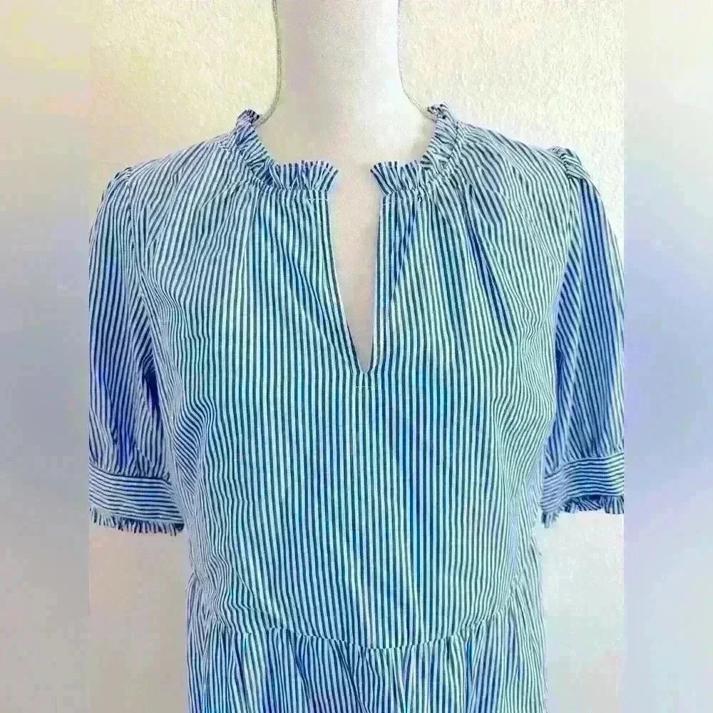 J. Crew Stripe Ruffleneck Tiered Popover Dress Size Medium Petite